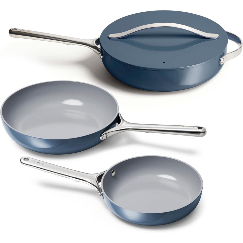 imageCaraway 4Piece Fry Pan Set  NonStick Frying Pans 105 ampamp 8 ampamp NonStick Saut Pan  Non Toxic PTFE ampamp PFOA Free  Oven Safe ampamp Compatible with All Stovetops Gas Electric ampamp Induction  CreamNavy