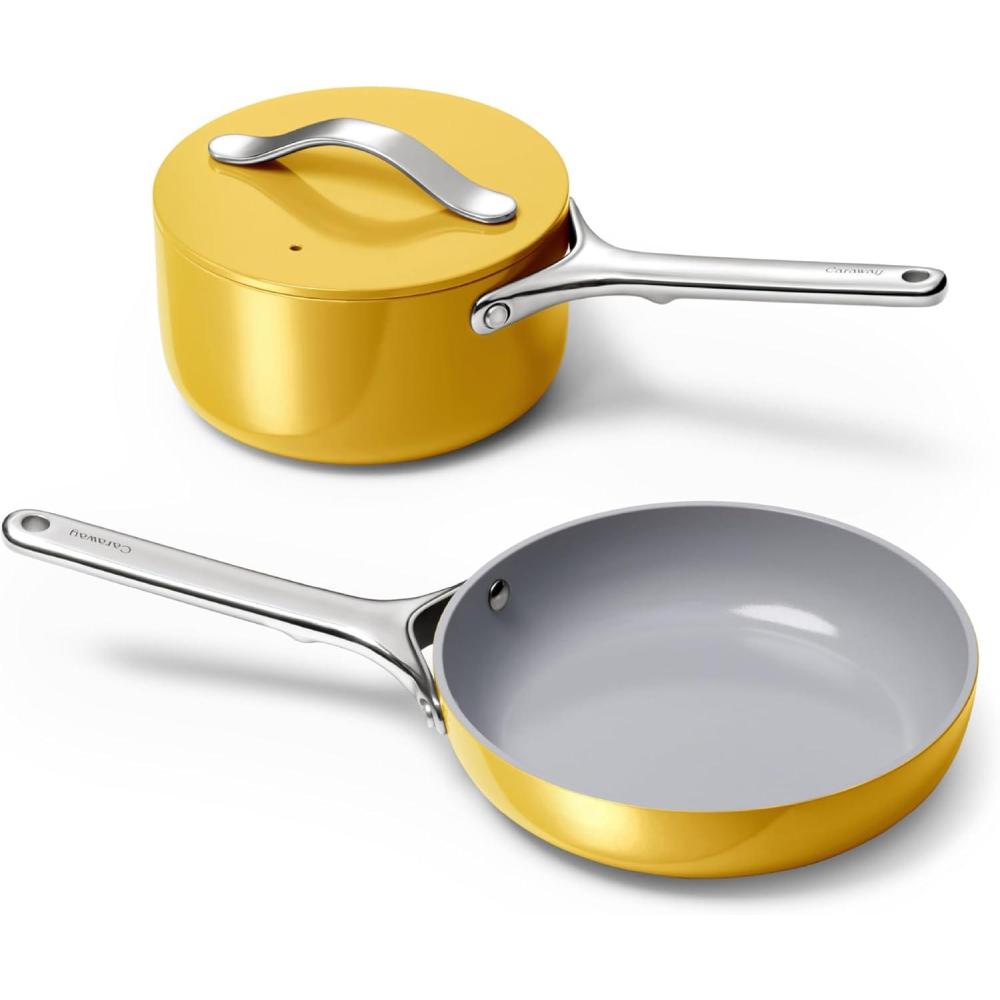 imageCaraway Mini Cookware Set  NonStick Ceramic Fry Pan 105 qt 8quot Sauce Pan 175 qt ampamp Storage Rack  Non Toxic PTFE ampamp PFOA Free  Oven Safe ampamp Stovetop Agnostic Gas Electric ampamp Induction  CreamMarigold
