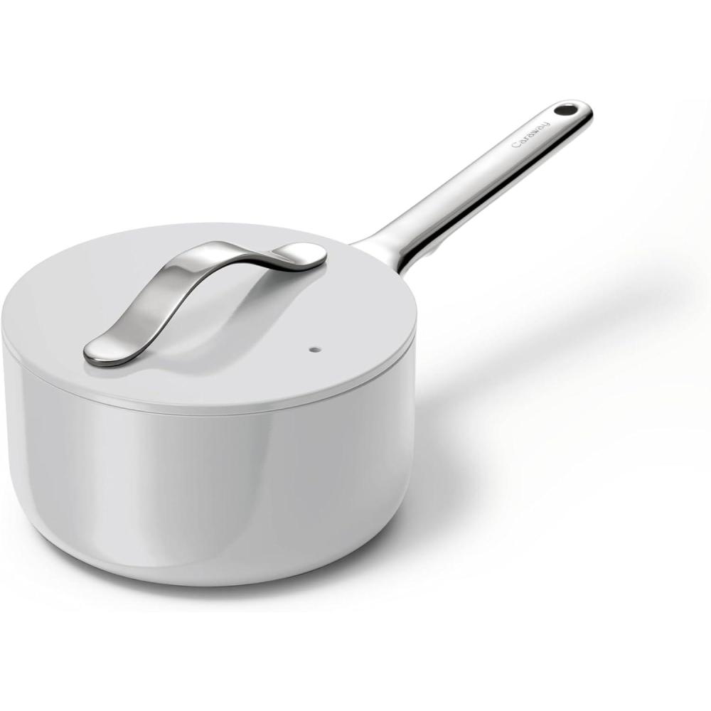 imageCaraway Nonstick Ceramic Sauce Pan with Lid 3 qt  Non Toxic PTFE ampamp PFOA Free  Oven Safe ampamp Compatible with All Stovetops Gas Electric ampamp Induction  CreamGray