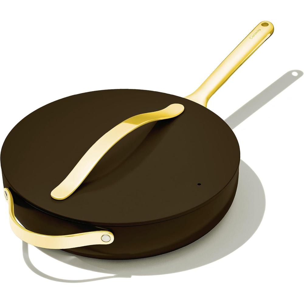 imageCaraway Nonstick Ceramic Saut Pan with Lid 45 qt 118quot Non Toxic PTFE ampamp PFOA Free Oven Safe ampamp Compatible with All Stovetops Gas Electric ampamp Induction CreamBlack