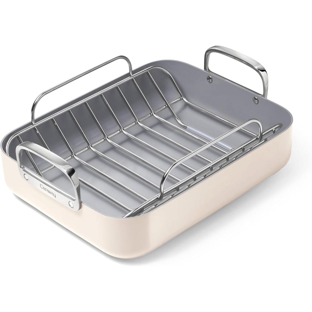 imageCaraway Roasting Pan  16x13 Roasting Pan with Rack  NonStick Ceramic Coated  Non Toxic PTFE ampamp PFOA Free  Oven Safe ampamp Compatible with All Stovetops  CreamCream