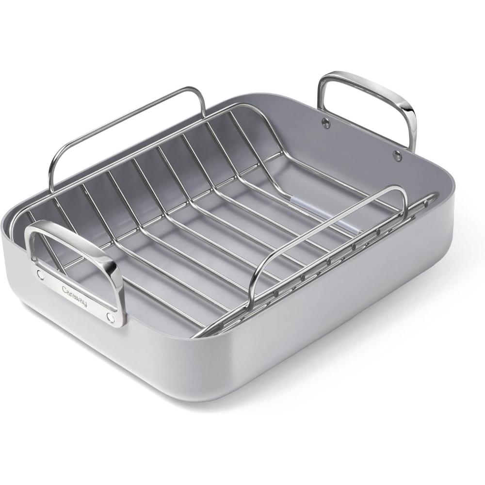 imageCaraway Roasting Pan  16x13 Roasting Pan with Rack  NonStick Ceramic Coated  Non Toxic PTFE ampamp PFOA Free  Oven Safe ampamp Compatible with All Stovetops  CreamGray
