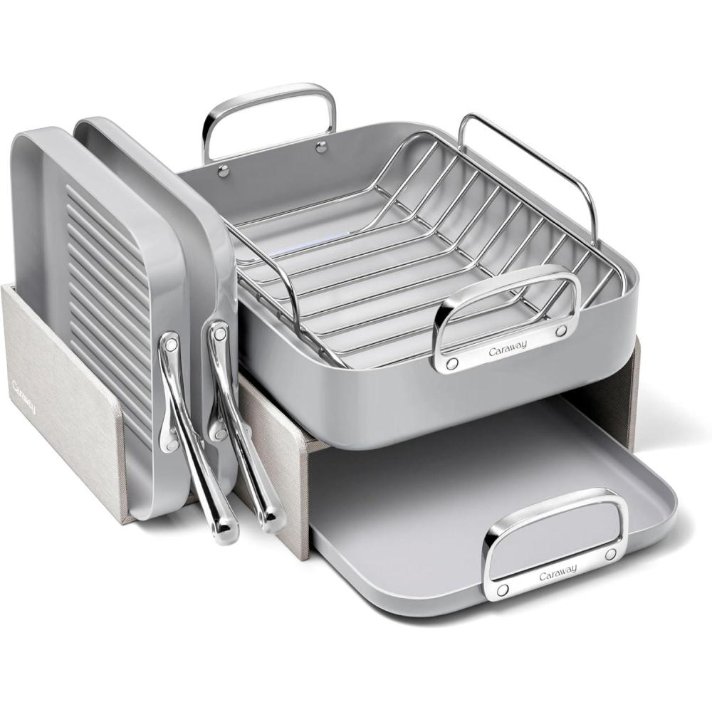 imageCaraway Square Cookware Set  Square Pans Set  Perfect for Griddling Toasting Searing Roasting and More  NonStick Ceramic Coated Pans  Non Toxic PTFE ampamp PFOA Free  CreamGray