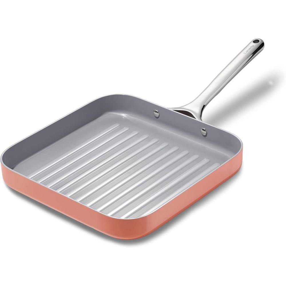 imageCaraway Square Grill Pan  11 Grill Pan  NonStick Ceramic Coated  Non Toxic PTFE ampamp PFOA Free  Oven Safe ampamp Compatible with All Stovetops  CreamPerracotta