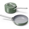 Caraway Mini Cookware Set – Non-Stick Ceramic Fry Pan (1.05 qt, 8″) Sauce Pan (1.75 qt) & Storage Rack – Non Toxic, PTFE & PFOA Free – Oven Safe & Stovetop Agnostic (Gas, Electric & Induction) – Cream(Sage)