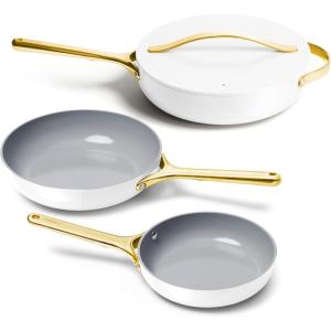 Caraway 4-Piece Fry Pan Set – Non-Stick Frying Pans (10.5” & 8”) & Non-Stick Sauté Pan – Non Toxic, PTFE & PFOA Free – Oven Safe & Compatible with All Stovetops (Gas, Electric & Induction) – Cream(White)