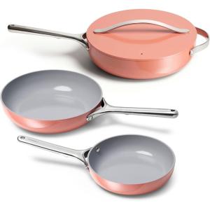 Caraway 4-Piece Fry Pan Set – Non-Stick Frying Pans (10.5” & 8”) & Non-Stick Sauté Pan – Non Toxic, PTFE & PFOA Free – Oven Safe & Compatible with All Stovetops (Gas, Electric & Induction) – Cream(Perracotta)