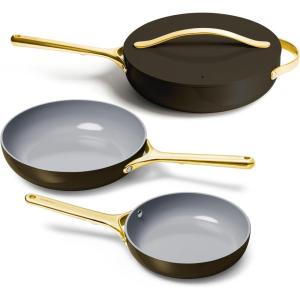 Caraway 4-Piece Fry Pan Set – Non-Stick Frying Pans (10.5” & 8”) & Non-Stick Sauté Pan – Non Toxic, PTFE & PFOA Free – Oven Safe & Compatible with All Stovetops (Gas, Electric & Induction) – Cream(Black)