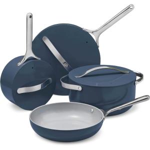 Caraway Non-stick Ceramic Cookware Set (12 Piece) Pots, Pans, Lids and Kitchen Storage – PFAS & PFOA Free – Oven Safe Pan Set & Compatible with All Stovetops – Cream(Navy)
