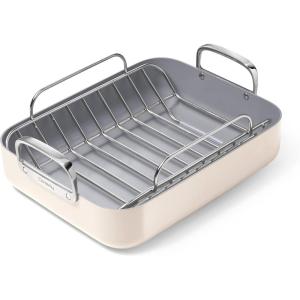 Caraway Roasting Pan – 16×13” Roasting Pan with Rack – Non-Stick Ceramic Coated – Non Toxic, PTFE & PFOA Free – Oven Safe & Compatible with All Stovetops – Cream(Cream)