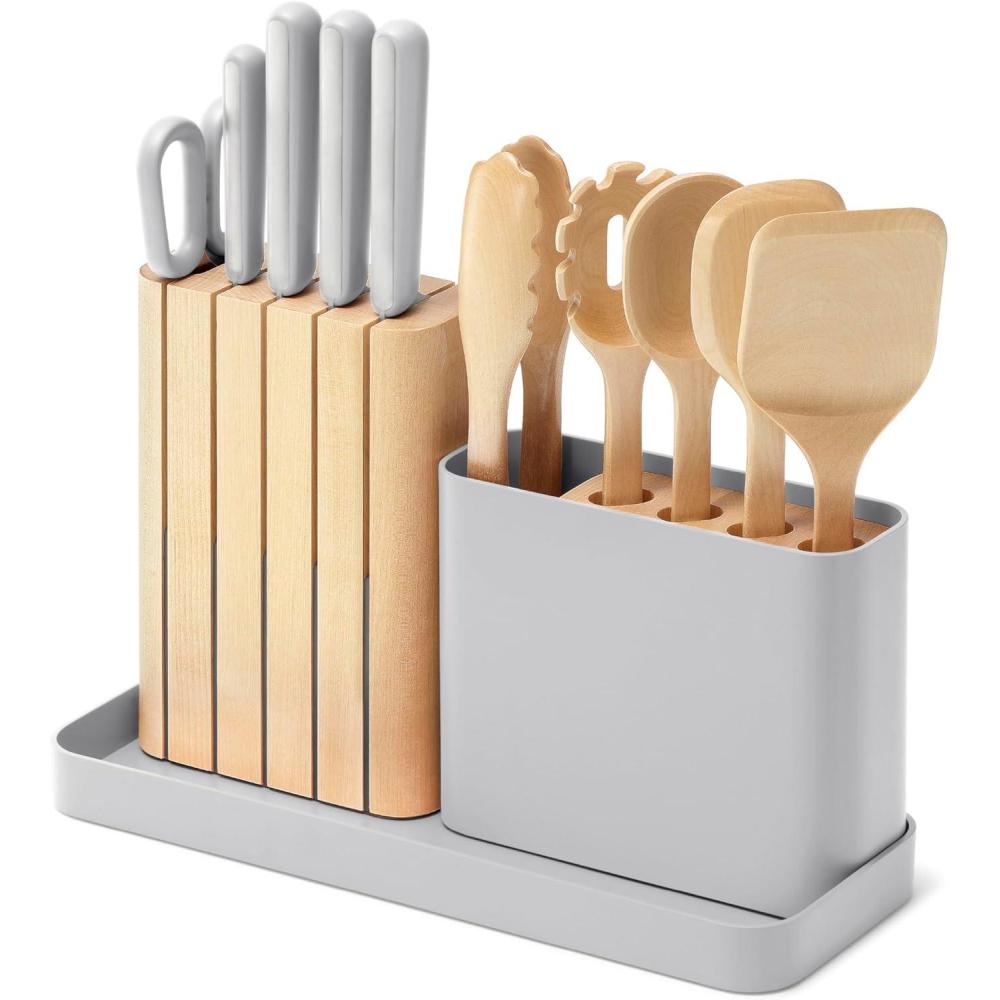 imageCaraway 14Piece Kitchen Prep Set  Kitchen Knife Set ampamp Wooden Utensil Set  Made With Premium German Steel Blades ampamp FSCCertified Birch Wood  NonToxic Materials  Includes Organizer  CreamGray