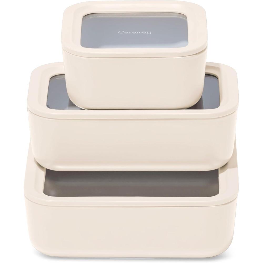 imageCaraway 3pc Glass Food Storage Set  10 Cup 66 Cup ampamp 44 Cup Food Containers  Ceramic Coated  Non Toxic Non Stick Lunch Box with Glass Lids  Dishwasher Oven ampamp Microwave Safe  NavyCream