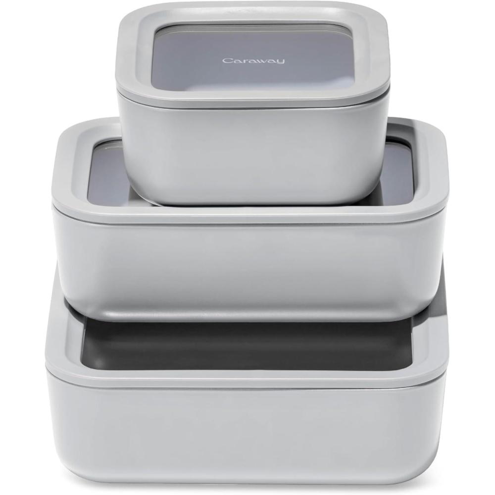 imageCaraway 3pc Glass Food Storage Set  10 Cup 66 Cup ampamp 44 Cup Food Containers  Ceramic Coated  Non Toxic Non Stick Lunch Box with Glass Lids  Dishwasher Oven ampamp Microwave Safe  NavyGray