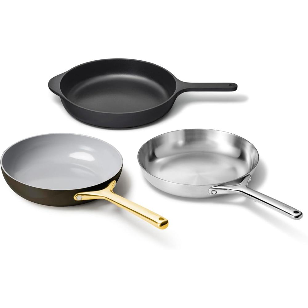 imageCaraway Fry Pan Sampler Bundle 105quot NonStick Ceramic Frying Pan 105quot Stainless Steel Fry Pan 105quot Enameled Cast Iron Skillet Non Toxic Oven Safe GrayBlackCharcoal