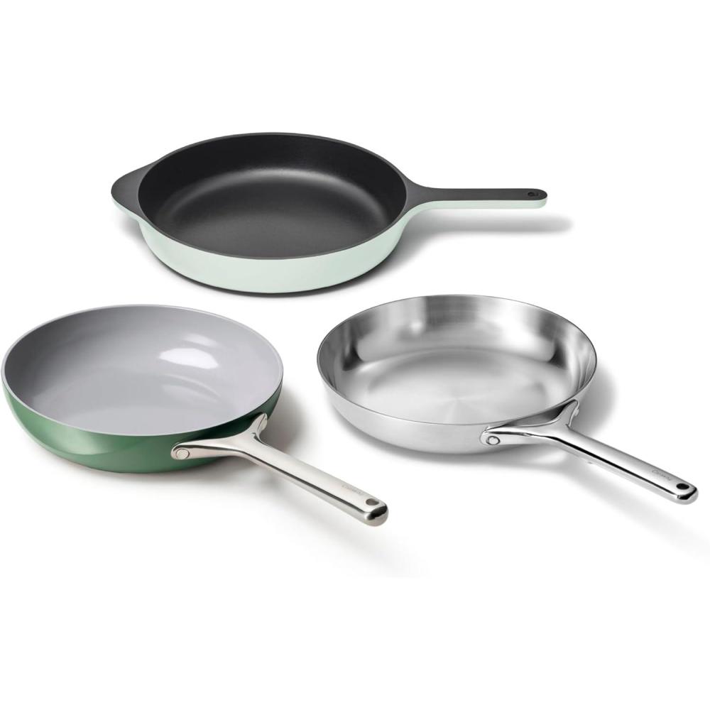 imageCaraway Fry Pan Sampler Bundle  105quot NonStick Ceramic Frying Pan 105quot Stainless Steel Fry Pan 105quot Enameled Cast Iron Skillet  Non Toxic Oven Safe  GraySageMist