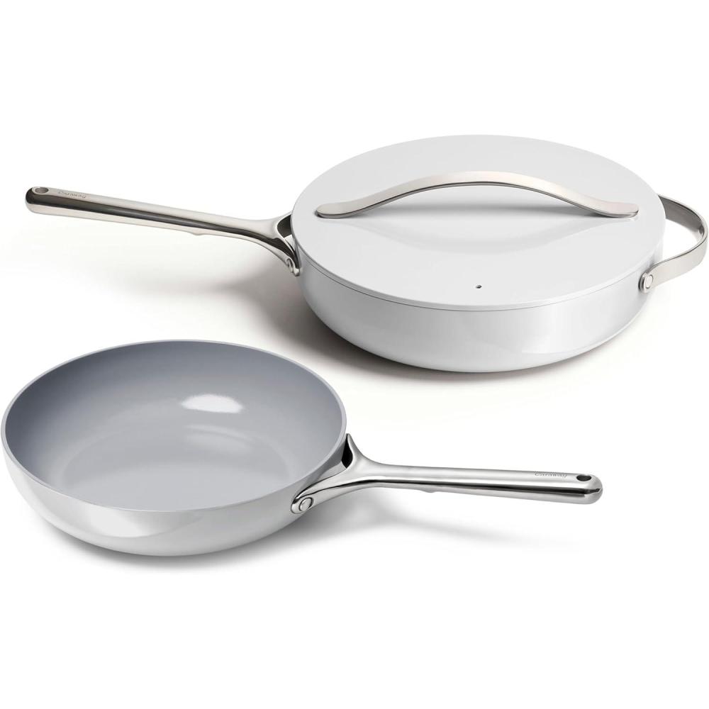 imageCaraway Fry Pan and Saut Pan Duo  105 Ceramic Frying Pan and 118 Deep Saut Pan with Lid  Non Stick Non Toxic Oven Safe  WhiteGray