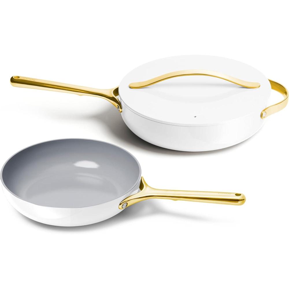 imageCaraway Fry Pan and Saut Pan Duo  105 Ceramic Frying Pan and 118 Deep Saut Pan with Lid  Non Stick Non Toxic Oven Safe  WhiteWhite