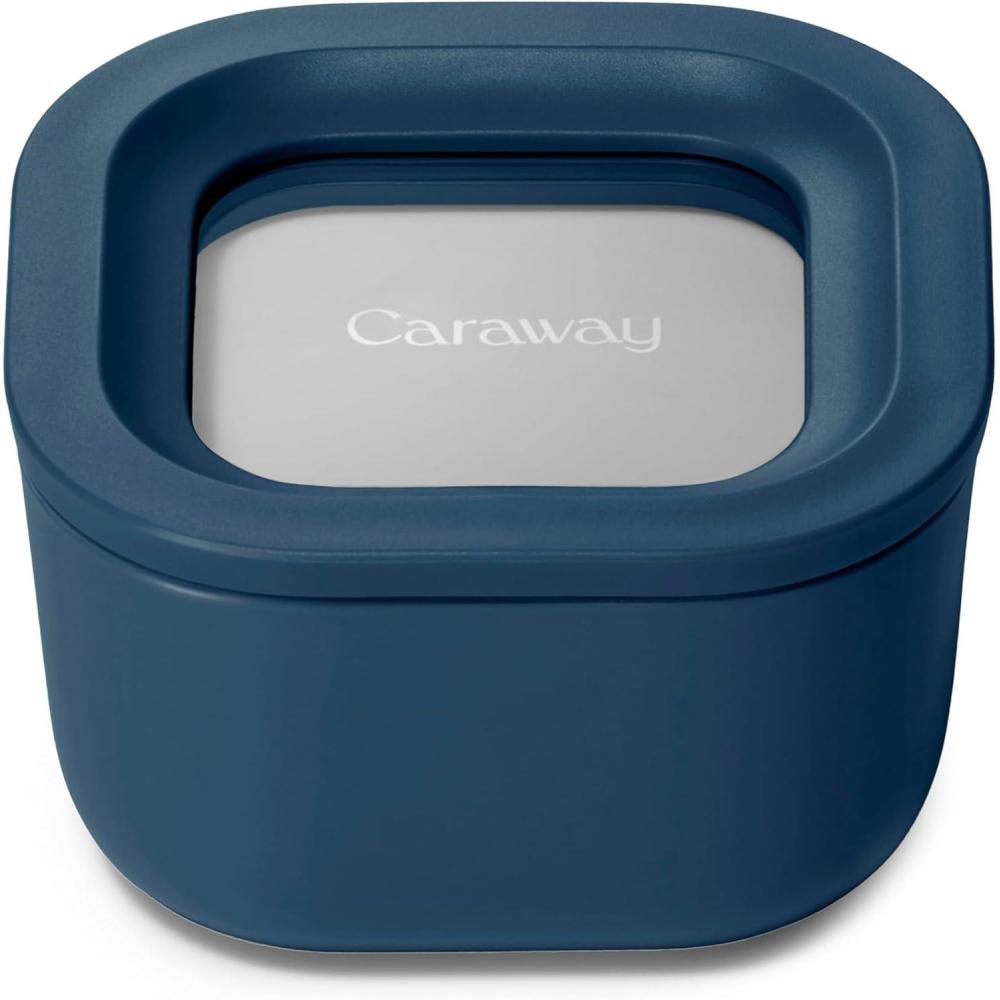 imageCaraway Glass Food Storage  10 Cup Glass Container  Ceramic Coated Food Container  Non Stick Lunch Box with Lids  Dishwasher Oven ampamp Microwave Safe  Square Shape  MistNavy