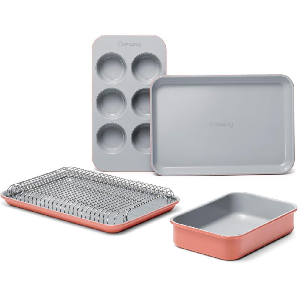 imageCaraway Mini Bakeware Set Naturally NonStick NonToxic Ceramic Coating Compact Baking Pans Set for Small Kitchens ampamp Ovens Includes Baking Sheets Muffin Pan Cooling Rack ampamp Storage GrayPerracotta