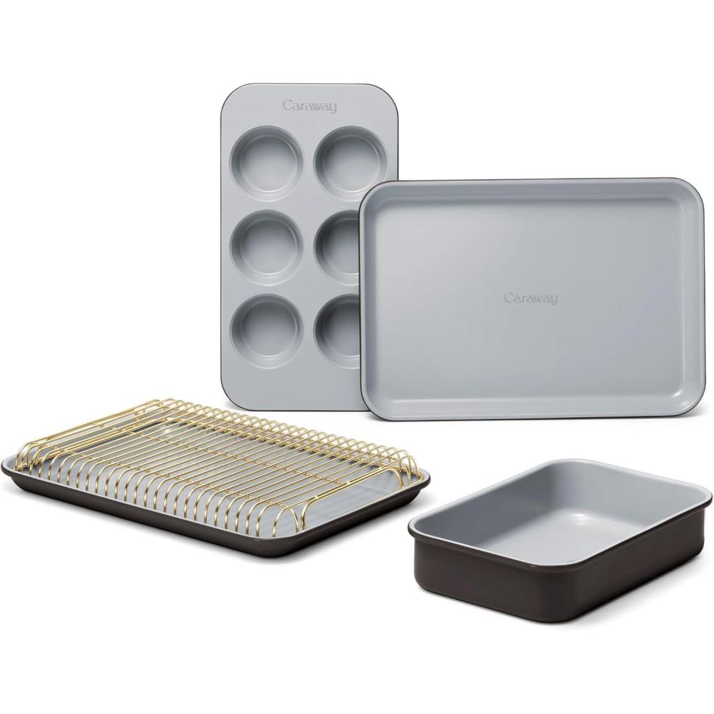 imageCaraway Mini Bakeware Set Naturally NonStick NonToxic Ceramic Coating Compact Baking Pans Set for Small Kitchens ampamp Ovens Includes Baking Sheets Muffin Pan Cooling Rack ampamp Storage GrayBlack