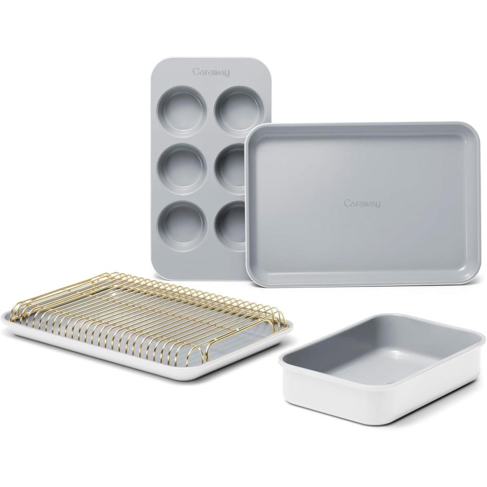 imageCaraway Mini Bakeware Set Naturally NonStick NonToxic Ceramic Coating Compact Baking Pans Set for Small Kitchens ampamp Ovens Includes Baking Sheets Muffin Pan Cooling Rack ampamp Storage GrayWhite