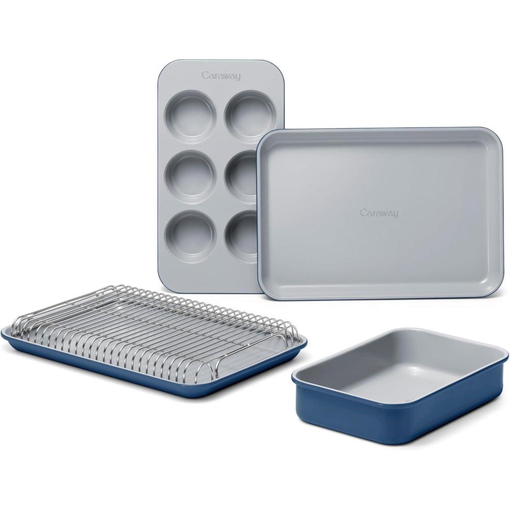 imageCaraway Mini Bakeware Set Naturally NonStick NonToxic Ceramic Coating Compact Baking Pans Set for Small Kitchens ampamp Ovens Includes Baking Sheets Muffin Pan Cooling Rack ampamp Storage GrayNavy
