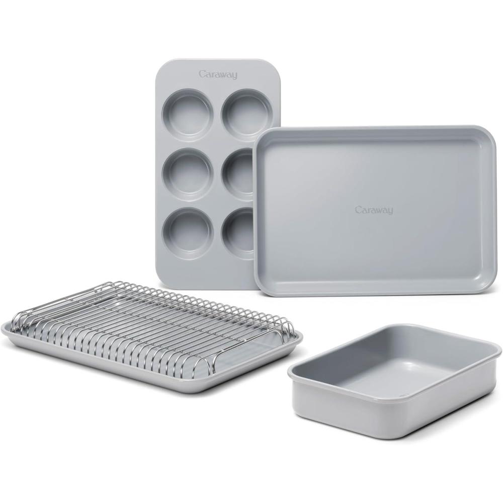 imageCaraway Mini Bakeware Set Naturally NonStick NonToxic Ceramic Coating Compact Baking Pans Set for Small Kitchens ampamp Ovens Includes Baking Sheets Muffin Pan Cooling Rack ampamp Storage GrayGray