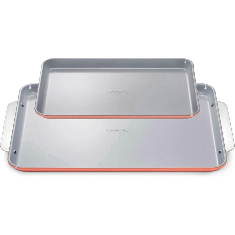 imageCaraway NonStick Ceramic Baking Sheet Duo Naturally Slick Ceramic Coating NonToxic PTFE ampamp PFOA Free 18 x 13quot Large ampamp 15 x 10quot Medium CreamPerracotta