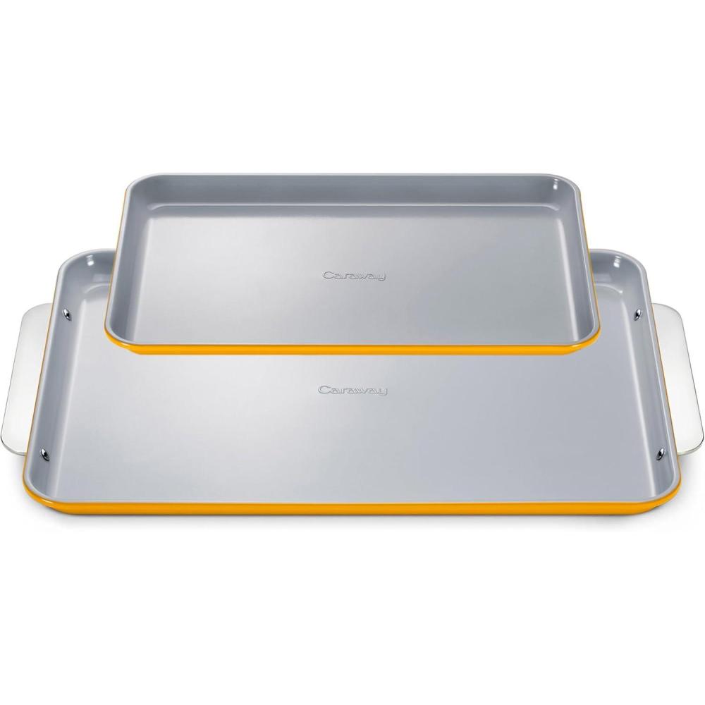 imageCaraway NonStick Ceramic Baking Sheet Duo Naturally Slick Ceramic Coating NonToxic PTFE ampamp PFOA Free 18 x 13quot Large ampamp 15 x 10quot Medium CreamMarigold