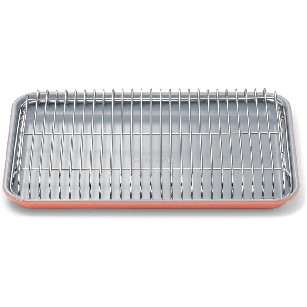 imageCaraway NonStick Ceramic Baking Sheet ampamp Cooling Rack Ceramic Coated NonToxic PTFE ampamp PFOA Free Perfect for Baking Roasting and More Large 18quot x 13quot CreamPerracotta