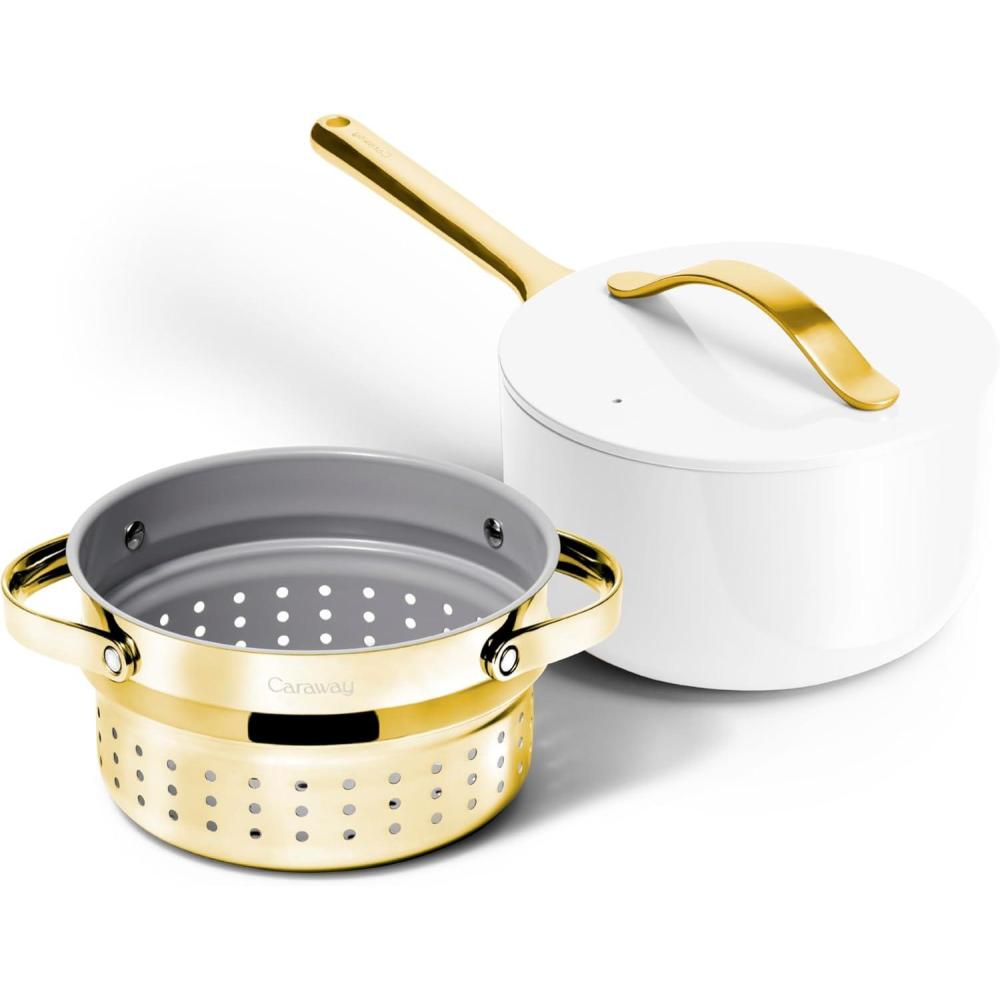 imageCaraway Nonstick 3 Qt Ceramic Sauce Pan with Lid ampamp Steamer  Non Toxic PTFE ampamp PFOA Free  Oven Safe ampamp Compatible with All Stovetops Gas Electric ampamp Induction  BlackWhite