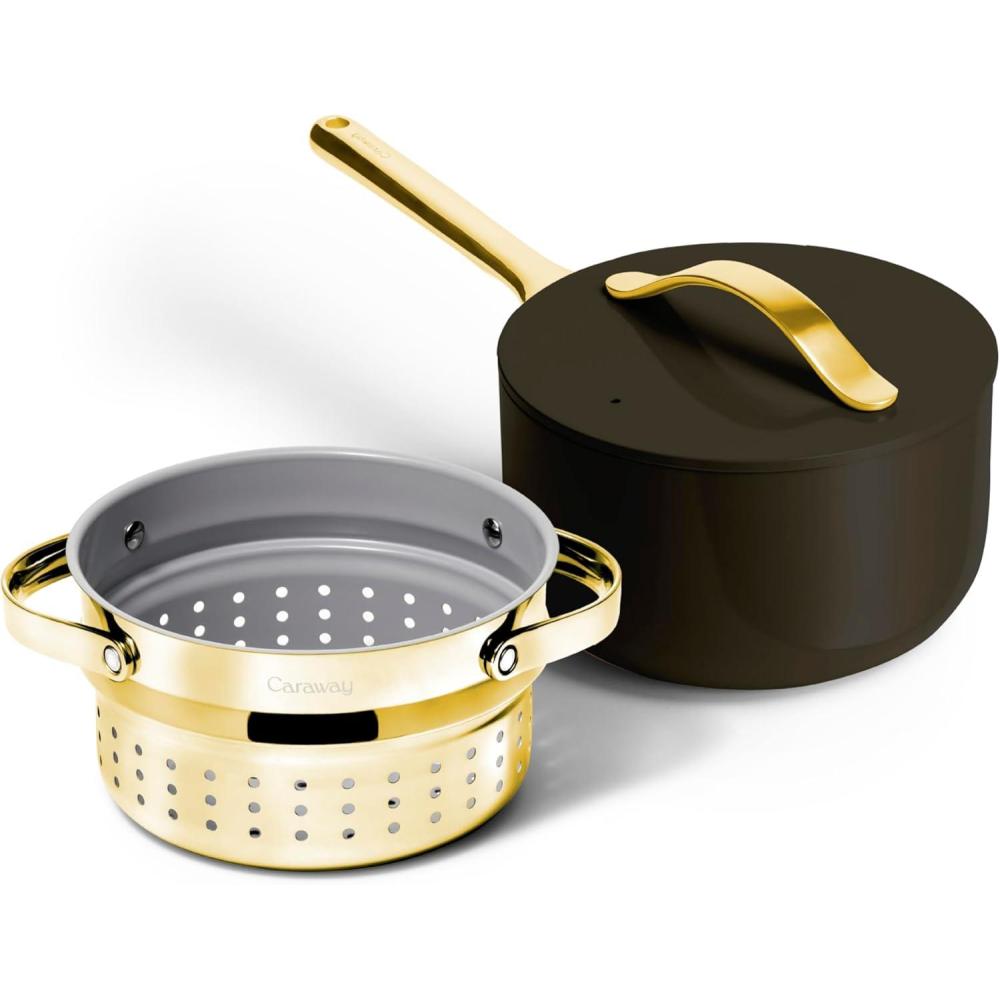 imageCaraway Nonstick 3 Qt Ceramic Sauce Pan with Lid ampamp Steamer  Non Toxic PTFE ampamp PFOA Free  Oven Safe ampamp Compatible with All Stovetops Gas Electric ampamp Induction  BlackBlack