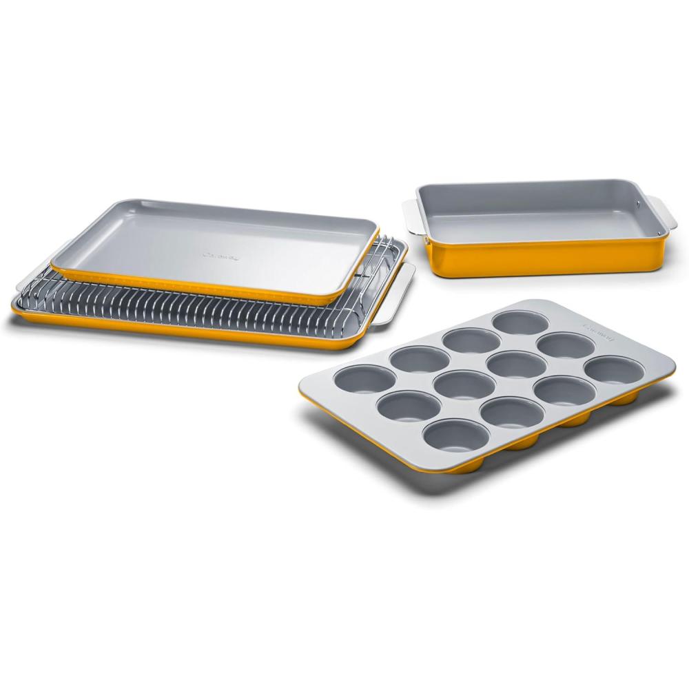 imageCaraway Nonstick Ceramic Bakeware Set 11 Pieces Baking Sheets Assorted Baking Pans Cooling Rack ampamp Storage Aluminized Steel Body Non Toxic PTFE ampamp PFOA Free SlateMarigold
