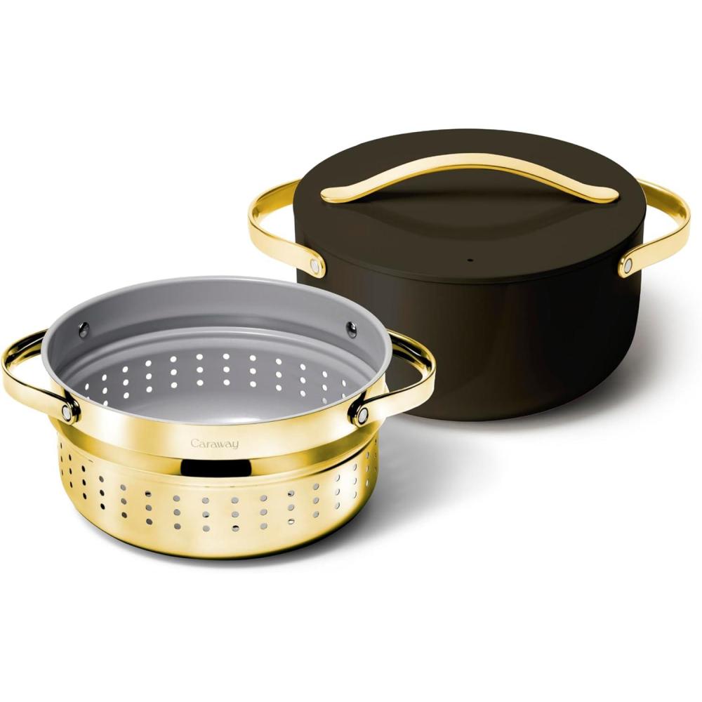 imageCaraway Nonstick Ceramic Dutch Oven Pot with Lid ampamp Steamer 65 qt 105quot  Non Toxic PTFE ampamp PFOA Free  Oven Safe ampamp Compatible with All Stovetops Gas Electric ampamp Induction  BlackBlack
