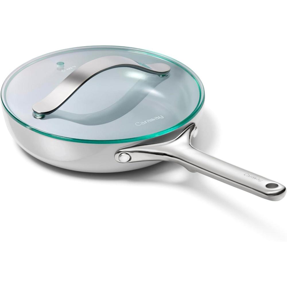 imageCaraway Nonstick Ceramic Mini Fry Pan With Glass Lid 105 qt 8quot  Non Toxic PTFE ampamp PFOA Free  Oven Safe ampamp Compatible with All Stovetops Gas Electric ampamp Induction  CreamGray