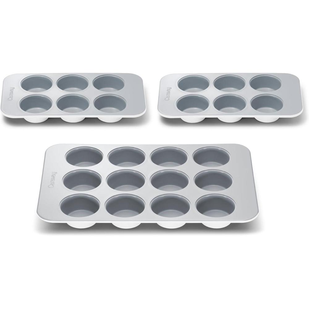 imageCaraway Nonstick Ceramic Muffin Pan Set  2x 6 Cup ampamp 1x 12 Cup  NonToxic PTFE ampamp PFOA Free  Aluminized Steel Core  For Baking Cupcakes Muffins ampamp More  CreamWhite