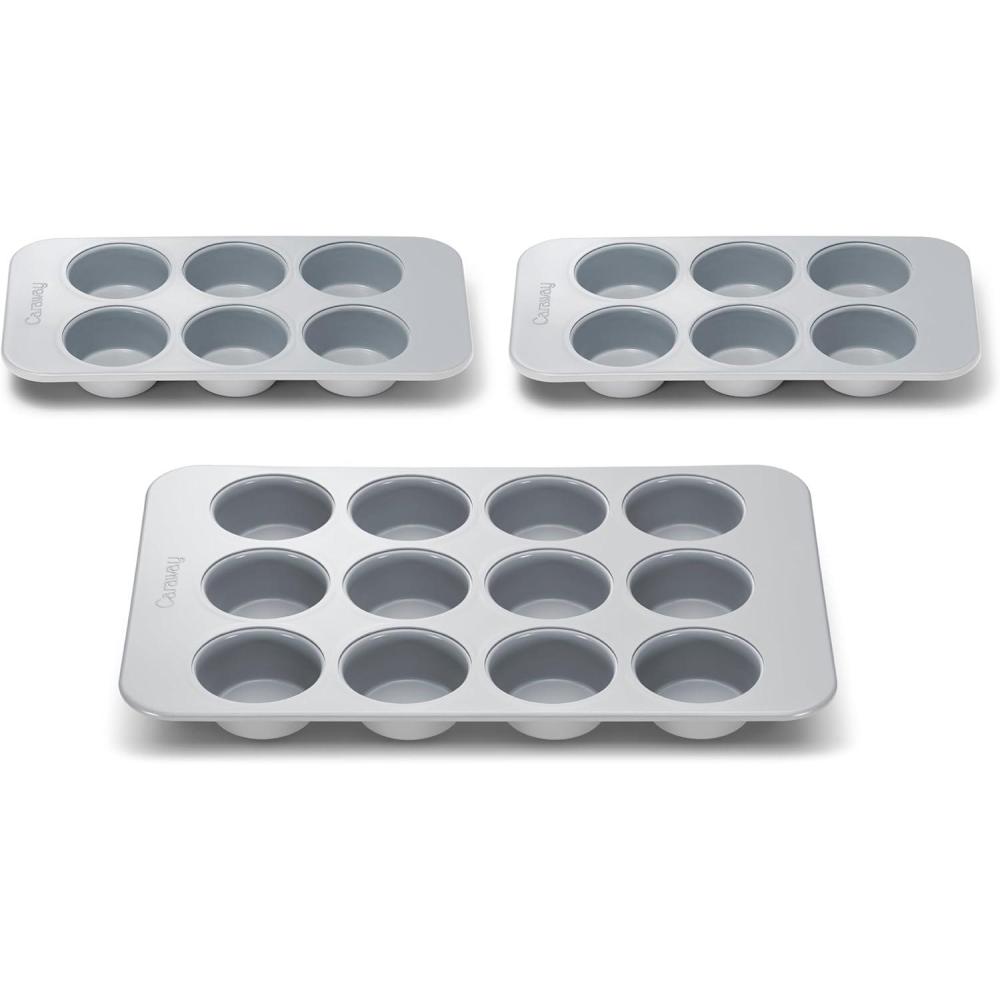 imageCaraway Nonstick Ceramic Muffin Pan Set  2x 6 Cup ampamp 1x 12 Cup  NonToxic PTFE ampamp PFOA Free  Aluminized Steel Core  For Baking Cupcakes Muffins ampamp More  CreamGray