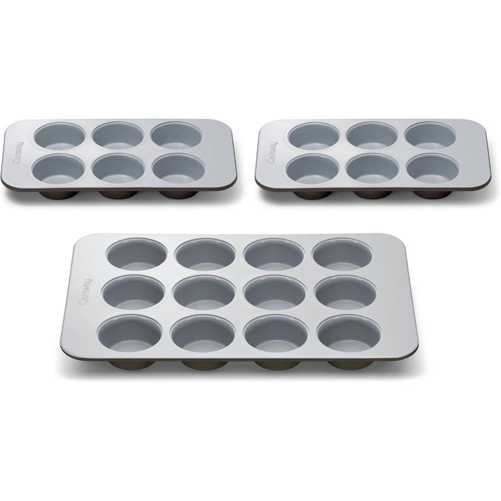 imageCaraway Nonstick Ceramic Muffin Pan Set  2x 6 Cup ampamp 1x 12 Cup  NonToxic PTFE ampamp PFOA Free  Aluminized Steel Core  For Baking Cupcakes Muffins ampamp More  CreamBlack