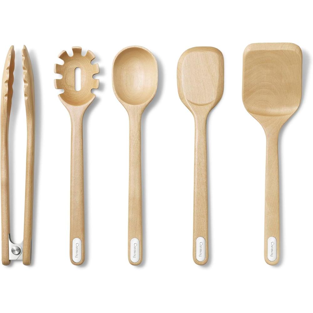 imageCaraway Wooden Utensil Set  5 Piece Cooking Utensil Set  Spoon Server Scraper Spatula ampamp Tongs  Made From FSCCertified Birch Wood  No Microplastics