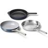 Caraway Fry Pan Sampler Bundle – 10.5″ Non-Stick Ceramic Frying Pan, 10.5″ Stainless Steel Fry Pan, 10.5″ Enameled Cast Iron Skillet – Non Toxic, Oven Safe – Gray(Navy)