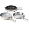 Caraway Fry Pan Sampler Bundle – 10.5″ Non-Stick Ceramic Frying Pan, 10.5″ Stainless Steel Fry Pan, 10.5″ Enameled Cast Iron Skillet – Non Toxic, Oven Safe – Gray(Cream)