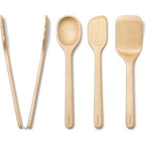 Caraway 4-Piece Mini Wooden Kitchen Utensils Set for Cooking, Serving, and Plating – Includes Mini Spoon, Scraper, Spatula, and Tongs