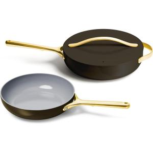 Caraway Fry Pan and Sauté Pan Duo – 10.5” Ceramic Frying Pan and 11.8” Deep Sauté Pan with Lid – Non Stick, Non Toxic, Oven Safe – White(Black)