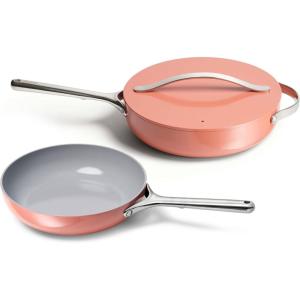 Caraway Fry Pan and Sauté Pan Duo – 10.5” Ceramic Frying Pan and 11.8” Deep Sauté Pan with Lid – Non Stick, Non Toxic, Oven Safe – White(Perracotta)