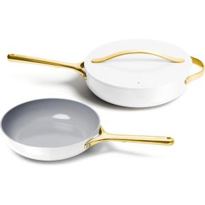 Caraway Fry Pan and Sauté Pan Duo – 10.5” Ceramic Frying Pan and 11.8” Deep Sauté Pan with Lid – Non Stick, Non Toxic, Oven Safe – White(White)