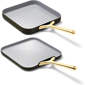 Caraway Griddle Pan & Grill Pan Duo – Non-Stick Ceramic Coated – Non Toxic, PTFE & PFOA Free – Oven Safe & Compatible with All Stovetops – Sage(Black)