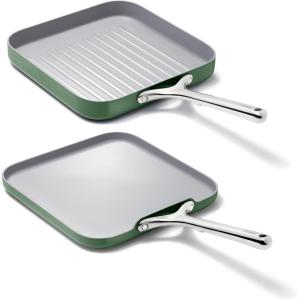 Caraway Griddle Pan & Grill Pan Duo – Non-Stick Ceramic Coated – Non Toxic, PTFE & PFOA Free – Oven Safe & Compatible with All Stovetops – Sage(Sage)