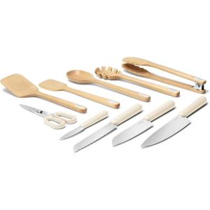 Caraway Kitchen Knife Set & Wooden Utensil Set – Made With Premium German Steel Blades & FSC-Certified Birch Wood – Non-Toxic Materials – Cream(Cream)