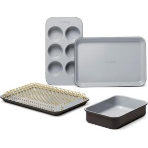 Caraway Mini Bakeware Set – Naturally Non-Stick, Non-Toxic Ceramic Coating – Compact Baking Pans Set for Small Kitchens & Ovens – Includes Baking Sheets, Muffin Pan, Cooling Rack & Storage – Gray(Black)