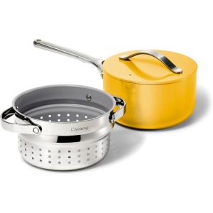 Caraway Nonstick 3 Qt Ceramic Sauce Pan with Lid & Steamer – Non Toxic, PTFE & PFOA Free – Oven Safe & Compatible with All Stovetops (Gas, Electric & Induction) – Black(Marigold)